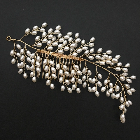 Pettine per Capelli da Sposa Foglia d'Oro Perla Artificial Sintetica Copricapo per Matrimonio Festa Formale Elegante Accessorio per Donne