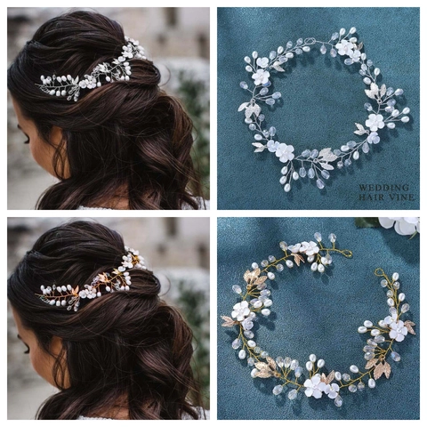 Vite per Capelli da Sposa Fatta a Mano Perla Artificial Cristallo Conchiglia Fiore Elegante Cerchietto Oro Argento per Matrimonio Donna