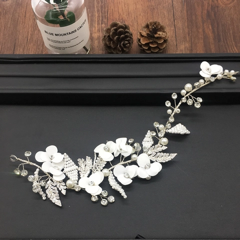 Bridal Hair Vine Silver Alloy White Fabric Flower Faux Artificial Pearl Rhinestone Headpiece Elegant Floral Accessories For Women