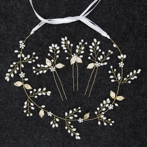 Handmade Gold Leaf Bridal Hair Pins With Faux Artificial Pearls Rhinestones Wedding Headpiece Forest Style Party Women Hair Jewelry