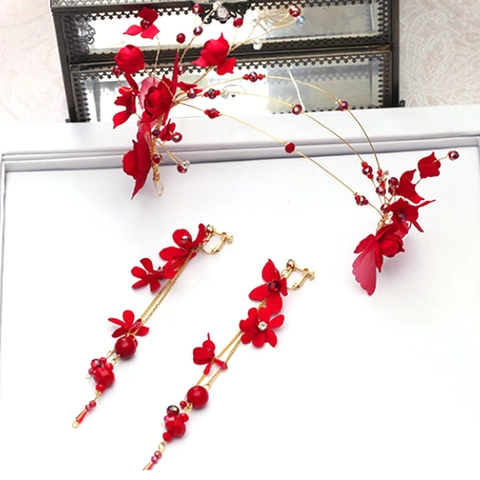 Fascia per Capelli con Rosa Rossa da Sposa e Orecchini con Nappine per Matrimonio Donna Accessori per Abiti in Tessuto Floreale