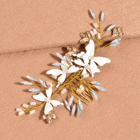 Peine de Pelo de Novia Hecho a Mano Alambre de Aleación de Oro Mariposa Floral Perla Artificial Strass Azul Claro Boda Joyería