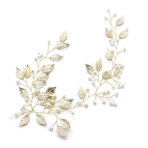 Tralcio per Capelli da Sposa Fatto a Mano con Foglie d'Oro e Perla Artificiale Fascia per Matrimonio Stile Coreano Donna