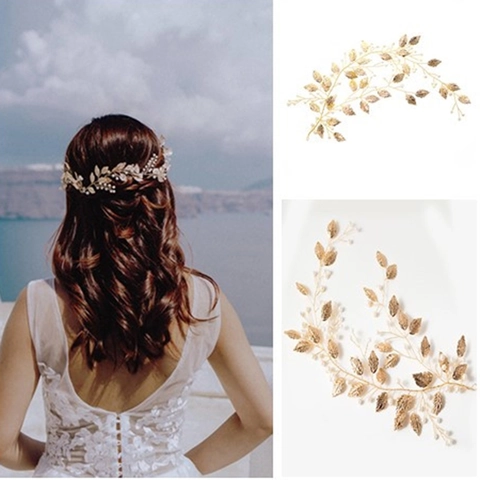 Tralcio per Capelli da Sposa Fatto a Mano con Foglie d'Oro e Perla Artificiale Fascia per Matrimonio Stile Coreano Donna