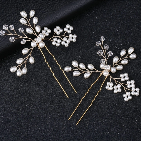 Bastoncino per Capelli Sposa Fatto a Mano con Perle Artificiali e Strass Filo Oro Argento a Vite U-Shape Gioielli Matrimonio Donna
