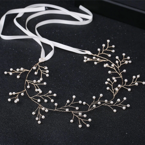 Elegant Handmade Bridal Hair Band With Artificial Pearls Alloy Vine Ribbon Headpiece For Wedding Party Women Accessory