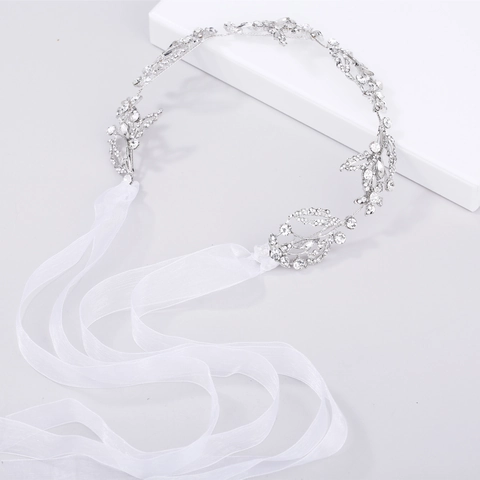 Elegante Cerchietto da Sposa in Lega con Fiori e Foglie di Strass e Nastro in Organza Bianco Accessori per Capelli da Donna per Matrimoni
