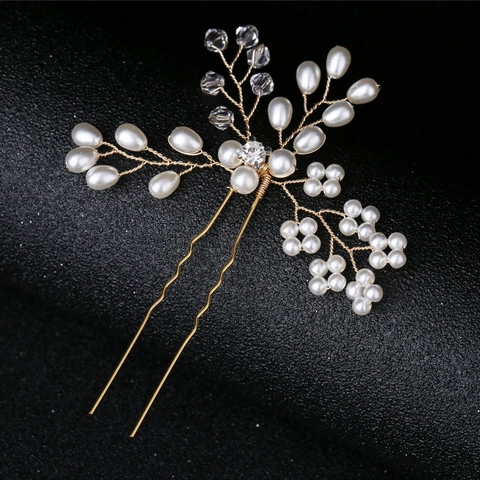 Bastoncino per Capelli Sposa Fatto a Mano con Perle Artificiali e Strass Filo Oro Argento a Vite U-Shape Gioielli Matrimonio Donna