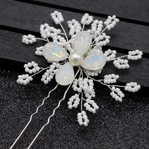Pic à Cheveux Mariée Coréen Fait Main Fleur Perle Artificielle Alliage Argent Épingle à Cheveux en U pour Mariage Fête Femme