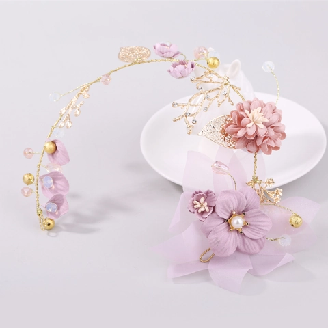Diadema Nupcial Floral Púrpura Hecha a Mano Con Hojas Doradas Diamantes de Imitación y Perla Artificial Accesorios Cabello Boda Romántica Mujer
