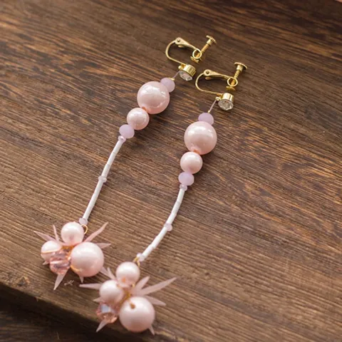 Korean Sweet Pink Artificial Pearl Long Tassel Clip-On Earrings For Women Wedding Bridal Jewelry No Piercing Needed