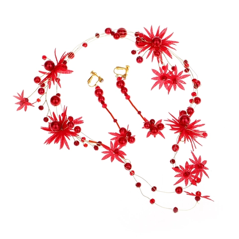 Set di Cerchietto e Orecchini a Clip da Sposa Foresta Rossa Coreana Fatto a Mano Fiore in Tessuto Perla Artificiale Accessori per Capelli da Sposa