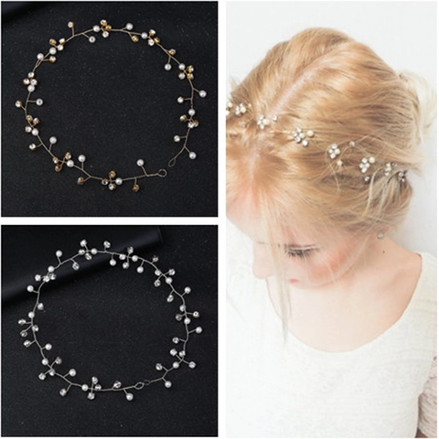 Vid de Pelo Hecha a Mano con Perlas Artificiales y Strass para Niños Boda Fiesta Nupcial Elegante Aleación Oro Plata
