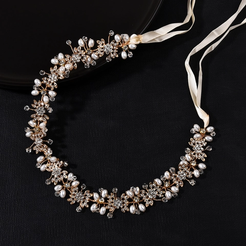 Handmade Wedding Bridal Headband Alloy Rhinestone Faux Artificial Pearl Flower Hair Accessories With Satin Ribbon For Women Party Jewelry