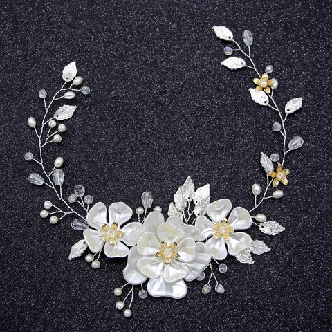Handmade Bridal Floral Hair Vine Gold Silver Leaf Faux Artificial Pearl Crystal Flower Headband Wedding Party Women Romantic Accessory