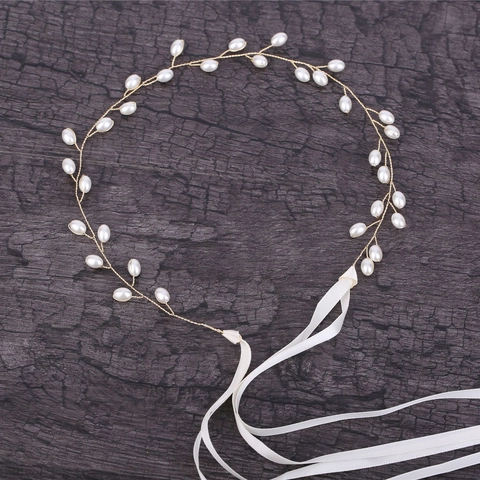 Tralcio per Capelli da Sposa Fatto a Mano con Künstliche Perle Filo d'Oro Fascia per Matrimonio Con Nastro di Raso Elegante Donna