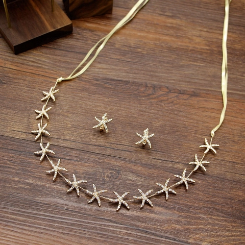 Girls Gold Alloy Rhinestone Starfish Headband And Earrings Marine Style Hair Jewelry For Wedding Party Accessory