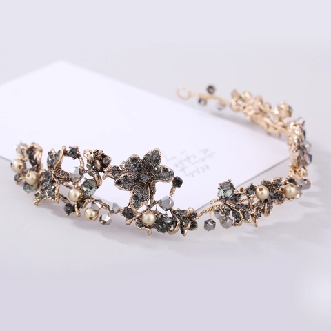 Diadema de Novia Barroca con Cristal Negro y Perla Artificial de Imitación Aleación Strass Floral Boda Tocados para Mujeres Fiesta Accesorios de Cabello