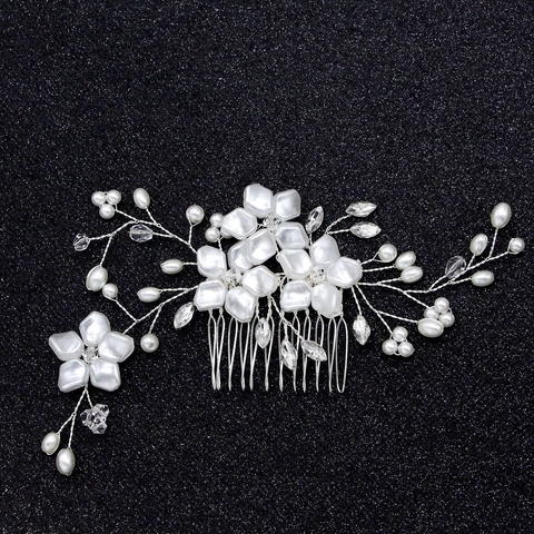 Pettine per Capelli Sposa Fatto a Mano Fiore Bianco Perla Artificial Cristallo Strass Copricapo Matrimonio Elegante Oro Argento Accessori