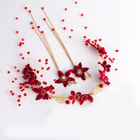 Traditional Bride Wedding Headband And Tassel Earrings Red Flower Gold Butterfly Beads Jewelry For Women Banquet Elegant Headpiece