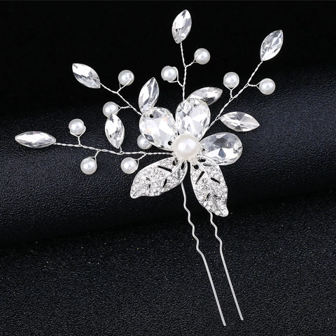 Elegante Palillo para el Pelo de Boda Plata Cristal Perla Artificial Forma de U Horquilla de Novia Hoja Floral Hecho a Mano Mujer Fiesta