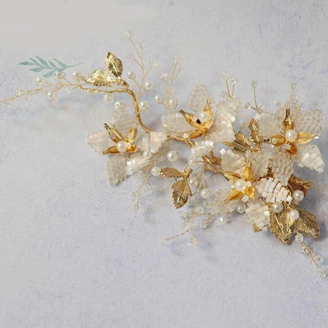 Fermaglio Capelli Sposa Fiore Dorato Fatto a Mano Con Perla Artificiale Strass Copricapo Matrimonio Elegante Accessori Capelli