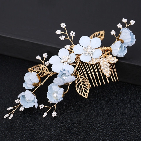 Handmade Floral Wedding Hair Comb Golden Alloy Leaf Rhinestone Artificial Pearl Bridal Headpiece Accessory For Women Banquet Events