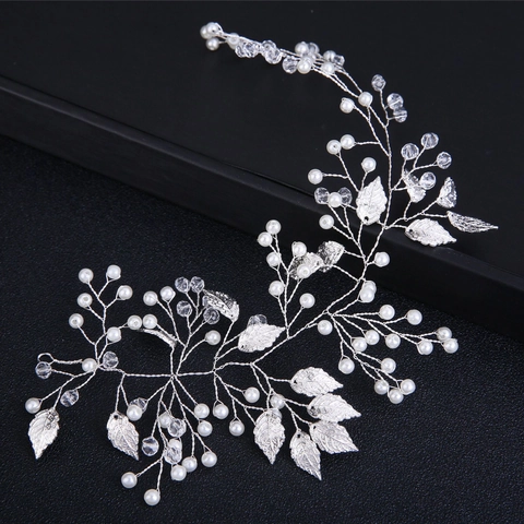 Copricapo Sposa in Lega d'Argento con Foglie Künstliche Perle Sintetiche e Cristalli Filo Intrecciato Fatto a Mano per Matrimonio Festa Donna