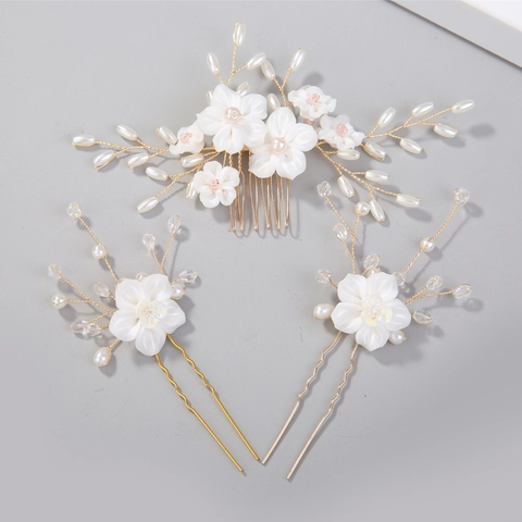 Handmade Bridal Floral Hair Comb Hairpins Set Alloy Artificial Pearl Rhinestone Wedding Headpiece For Women Gold Silver