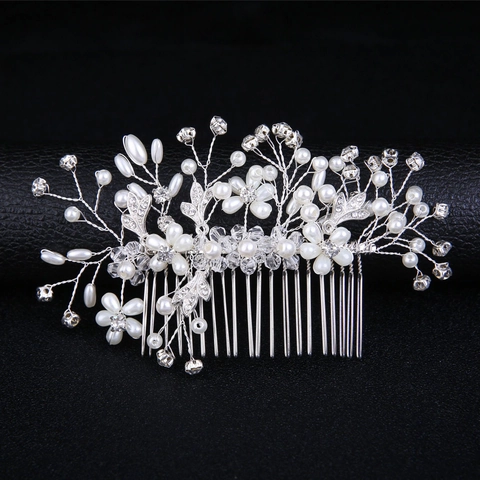 Peine de Pelo de Novia Hecho a Mano Con Perlas Artificiales y Strass Aleación Plata Diseño de Hoja Accesorios de Boda Mujeres