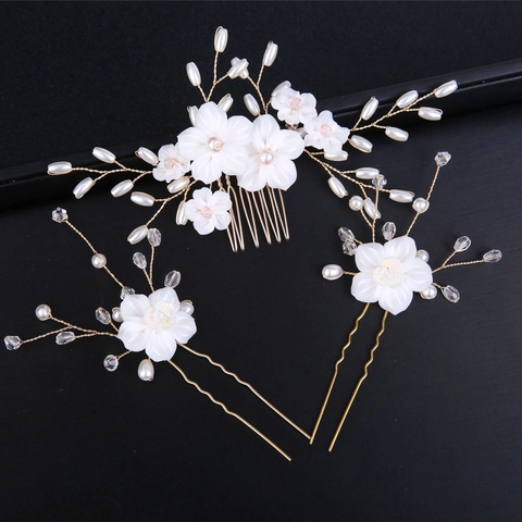 Handmade Bridal Floral Hair Comb Hairpins Set Alloy Artificial Pearl Rhinestone Wedding Headpiece For Women Gold Silver
