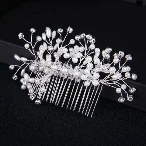 Peine de Pelo de Novia Hecho a Mano Con Perlas Artificiales y Strass Aleación Plata Diseño de Hoja Accesorios de Boda Mujeres