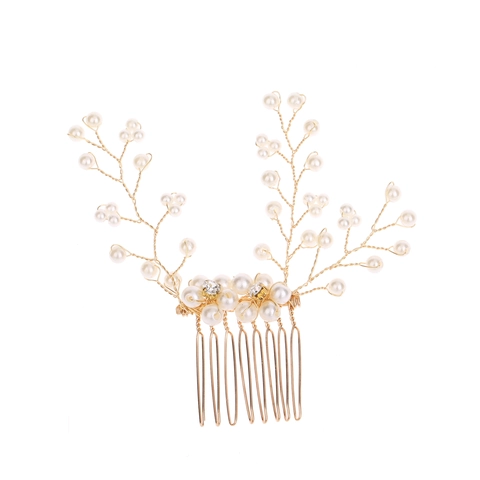 Peine de Pelo para Novia Hecho a Mano Oro Aleación Rama Perla Artificial Strass Flor Tocado Joyería para Mujer Fiesta