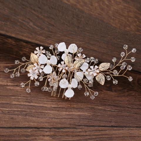 Peine de Pelo de Novia Hecho a Mano Aleación Strass Perla Artificial Floral Hoja Tocado Boda Mujer Accesorios para Cabello