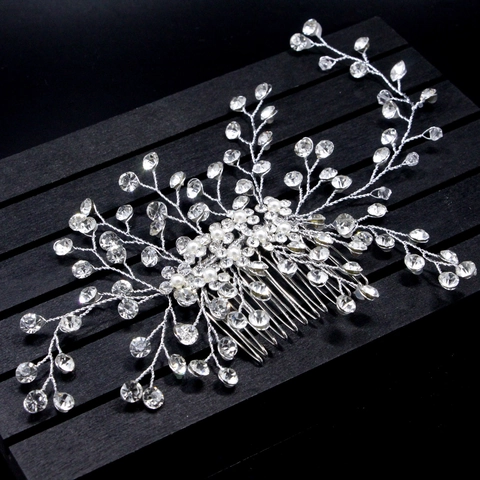 Pettine per Capelli da Sposa Fatto a Mano Argento Oro Strass Perla Artificiale Accessori Capelli Matrimonio Elegante Ramo Floreale