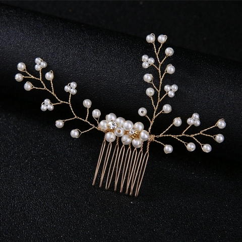Peine de Pelo para Novia Hecho a Mano Oro Aleación Rama Perla Artificial Strass Flor Tocado Joyería para Mujer Fiesta