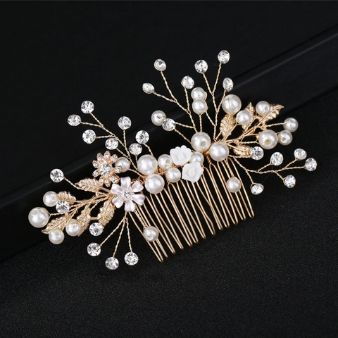Handmade Faux Pearl Bridal Hair Comb Gold Alloy Rhinestone Flower Wedding Hair Piece Accessories For Women Party
