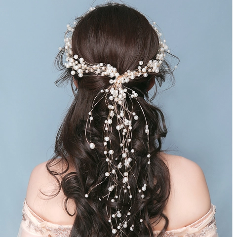 Enredadera de Pelo Nupcial Hecha a Mano con Perla Artificial y Alambre de Cobre Larga Diadema de Boda para Mujer Niña Joyería