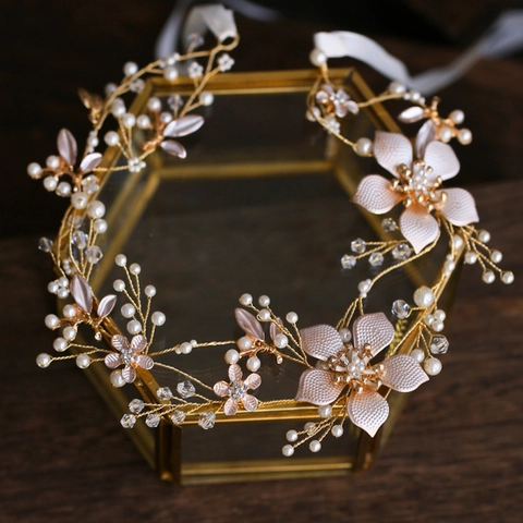 Fascia per Capelli Sposa Fatta a Mano Oro Lega Fiore Perla Artificiale Strass Copricapo Matrimonio Elegante Donna Accessori