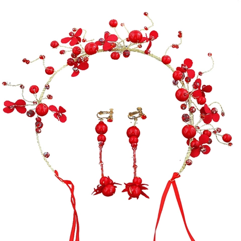Red Bridal Wedding Hair Chain And Ear Clips Gold Wire Fabric Flower Petals Korean Festive Jewelry For Women Banquet