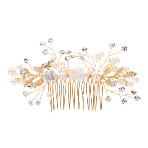 Handmade Faux Pearl Bridal Hair Comb Gold Alloy Rhinestone Flower Wedding Hair Piece Accessories For Women Party