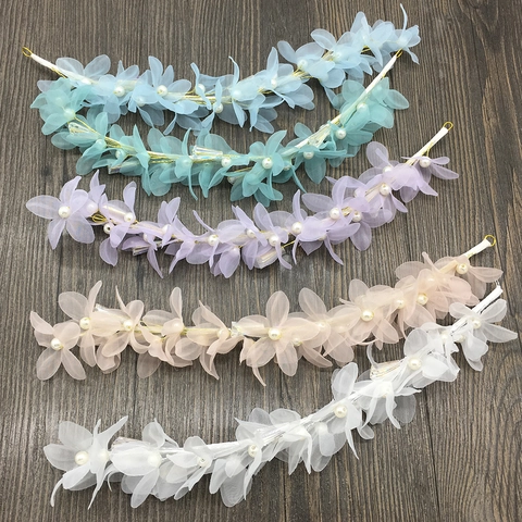 Diadema de Novia Coreana Estilo Bosque de Hadas Tul Floral Con Perla Artificial para Boda Fiesta Mujer Joyería