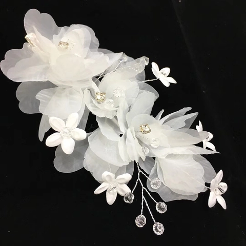 Pinza para el Cabello de Novia Estilo Coreano Organza Blanca Flor 3D Cuentas Tocado Hecho a Mano Accesorios para el Cabello Mujer