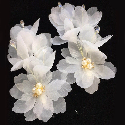 Korean Style Handmade Organza Flower Hair Clip With Artificial Pearl Rhinestone For Wedding Party Kids Girls Hair Accessory