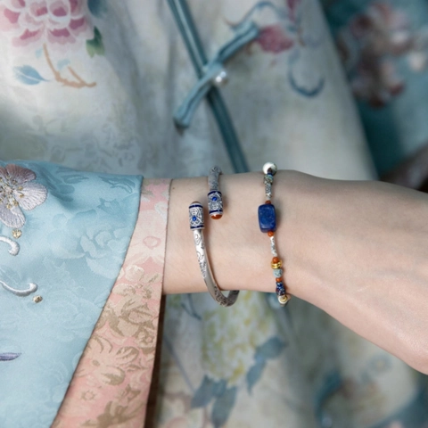 New Chinese Style Vintage Thai Silver Color Bangle For Women Exquisite Tang Grass Pattern Enamel Cloisonne Open Bracelet Jewelry