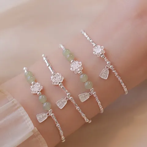Nuevo Estilo Chino Plata de Ley S925 Loto Jade Hetian Natural Pulsera Elegante Nudo de Bambú Joyería de Plata Rota para Mujeres