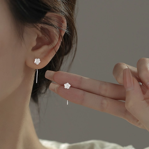 Elegant Copper Camellia Flower Ear Thread Earrings For Women Silver Plated Dainty Minimalist Floral Long Chain Pull Through Earrings