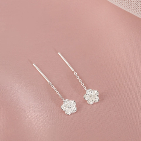 Elegant Copper Camellia Flower Ear Thread Earrings For Women Silver Plated Dainty Minimalist Floral Long Chain Pull Through Earrings