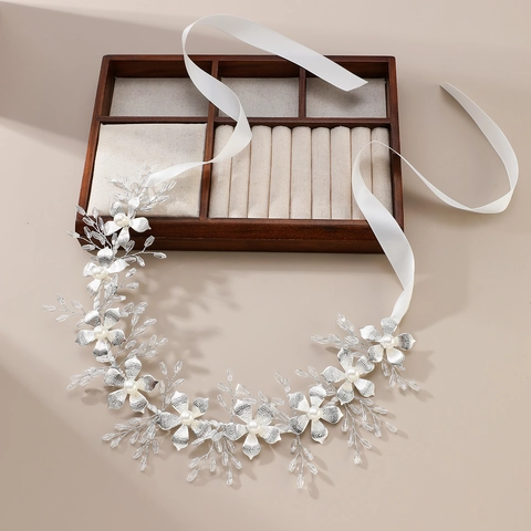 Elegante Diadema de Novia de Aleación de Flores Con Perla Artificial Strass Tocado de Boda Plateado para Mujer Accesorios
