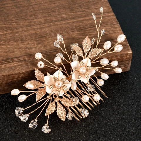 Pettine per Capelli Sposa Fatto a Mano Fiori Foglia Lega Strass Perla Artificiale Copricapo Matrimonio Elegante Oro Accessori